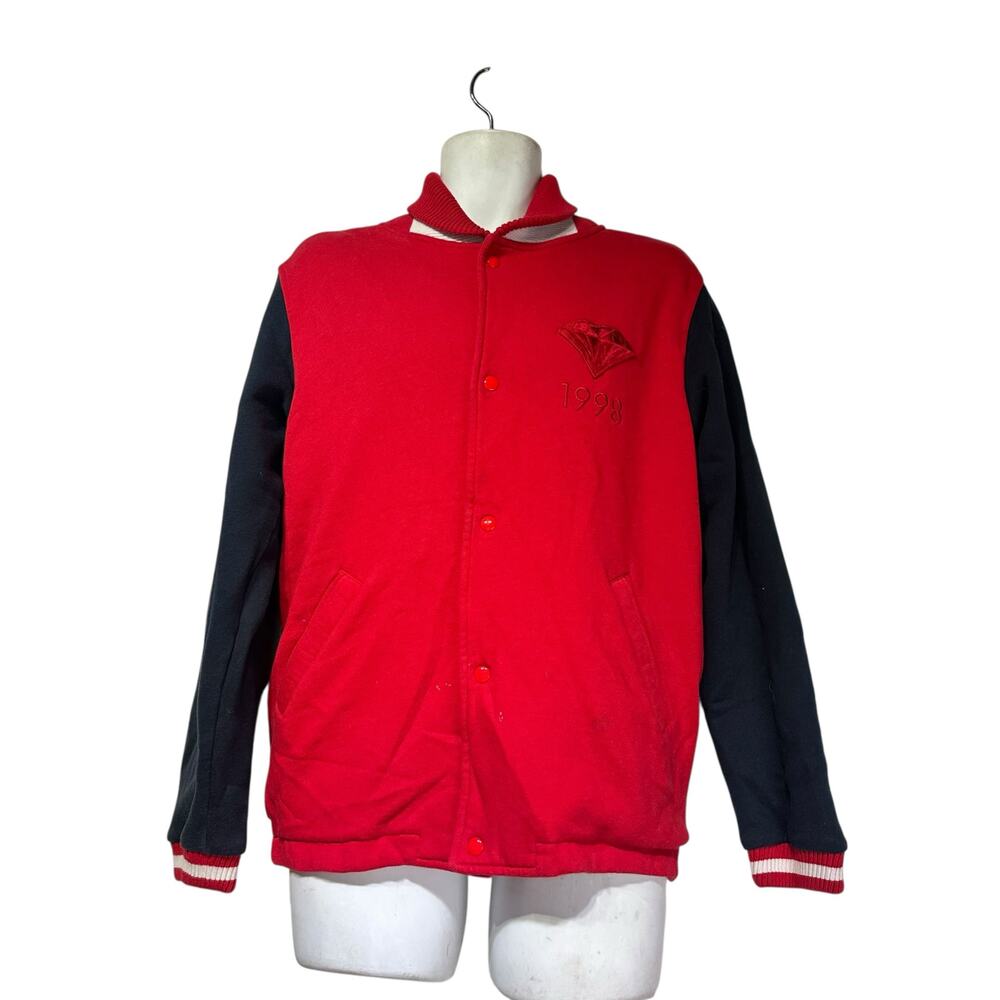 Vintage Diamond Varsity Jacket Red Black 1998 Embroidered Snap Button Size M